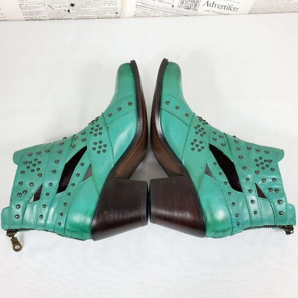 SOLD Lucky & Blessed Turquoise Leather Studded Cutout Western Cowboy Ankle Boots - Picture 7 of 12